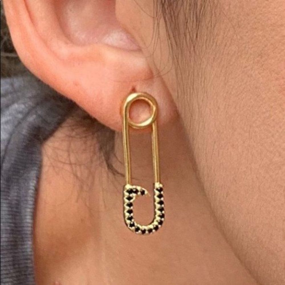 Gold Filled Color CZ Safety Pin Earrings - Picture 2 of 4